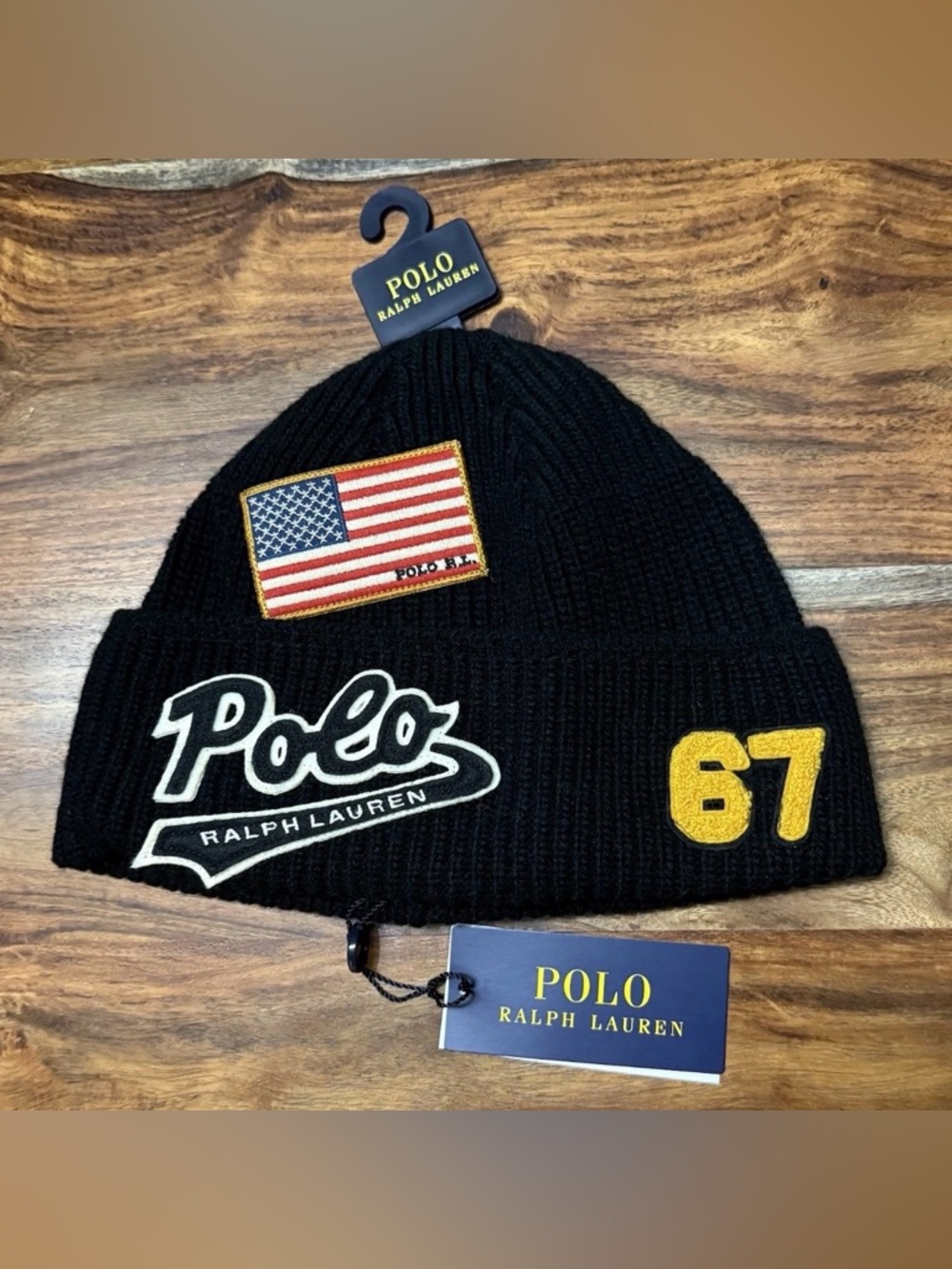 NWT POLO Ralph Lauren Men’s USA FLAG PATCH BEANIE Varsity 67 Heavy Knit BLACK